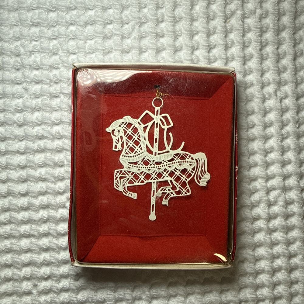 Ivory Christmas Fantasy Enameled Brass Carousel Horse Tree Ornament 1987 NOS